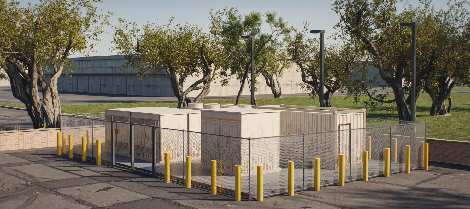 Visualization of a Vortx site on an industrial estate: four battery cabinets, a dry cooler, a power conversion unit and a compute container standing together on one concrete pad, behind a chain-link fence and a low screen wall, with trees and a warehouse beyond.