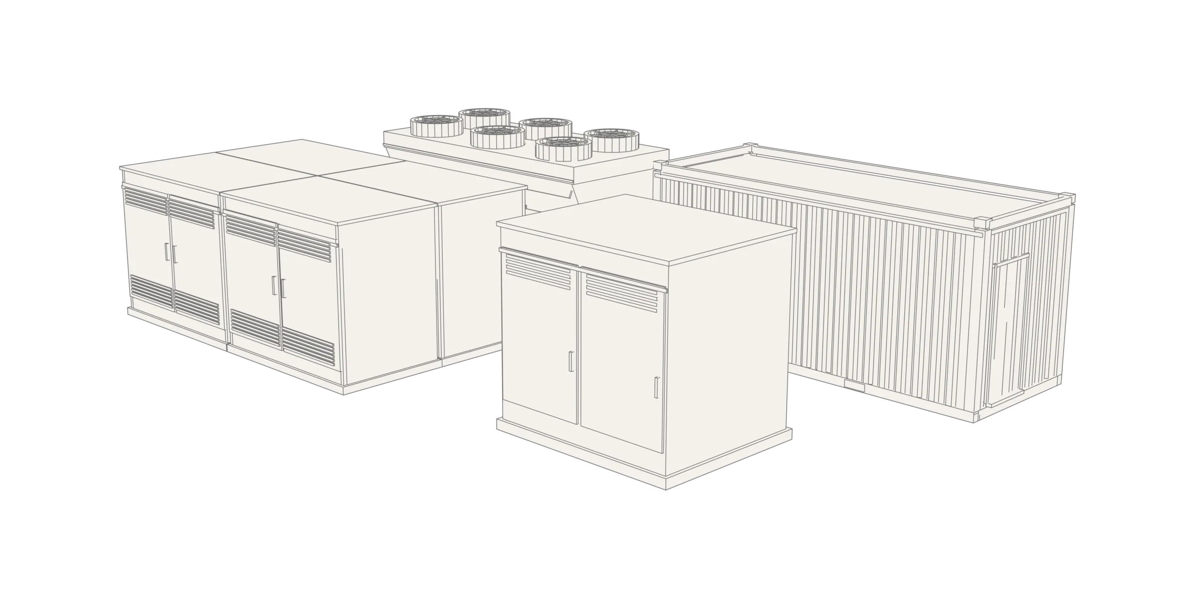 EDDi deployment: two BESS cabinets, compute container, dry cooler, and PCS